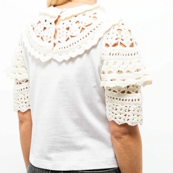 NEW Sea New York Crochet Puff Sleeve White T-Shirt Size Small Tee Shopbop Boho S - Picture 3 of 12
